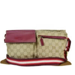 Gucci Sherry Waist Pouch Clutch Bag GG Beige Red Canvas Leather